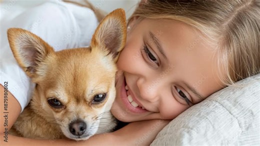 A young girl with blonde hair sleeps peacefully on a pillow with her adorable tan chihuahua dog cuddled close.