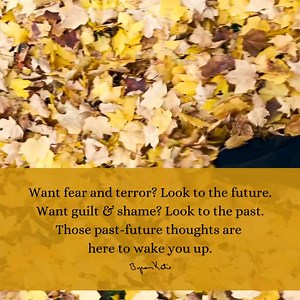 Want fear and terror? Look to the future. Want guilt & shame? Look to the past. Those past-future thoughts are here to wake you up. xoxo bk 💞 Join me live every M, T, W from 9-10 am PT: athomewithbk.com. #theworkofbyronkatie #byronkatie #wakeup #bepresent #healingjourney | The Work of Byron Katie