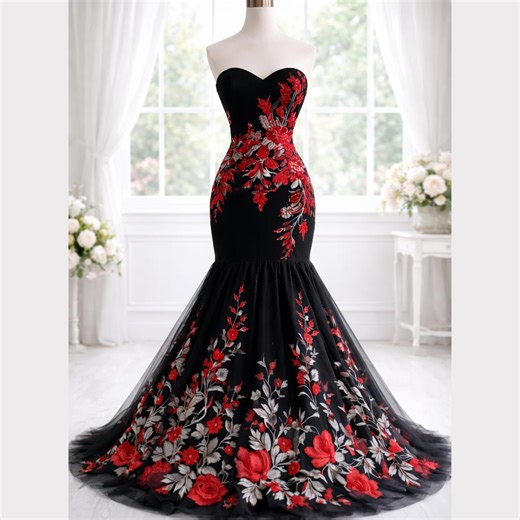 Minimalist Floral Embroidery Mermaid Dress, Black Gothic Tulle Wedding Gown, Romantic Red Floral Bridal Dress - Etsy