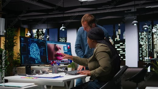 Multiethnic editors team using AI machine learning for editing content, neural networks chatbot helps editing new photos materials. Professional designers using digital software. Camera A.