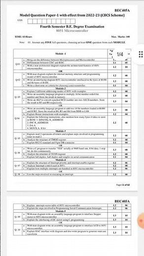 Microcontroller Model Question paper 4th sem ECE BEC405A #shorts #vtu academy #Microcontroller