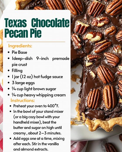 🤎🥧 Texas Chocolate Pecan Pie 🥧🤎 Gooey, fudgy, packed with toasted pecans… the perfect Texas-style holiday pie. Easy to make, impossible to resist. Save this for Thanksgiving & Christmas! ✨ 📝 Ingredients Pie Base 1 deep-dish 9-inch premade pie crust Filling 1 jar (12 oz) hot fudge sauce 3 large eggs ¼ cup light brown sugar ¼ cup heavy whipping cream ½ teaspoon pure vanilla extract 1 teaspoon kosher salt Mix-Ins & Topping 3 cups chopped pecans (reserve some whole halves if desired) ⅔ cup mini