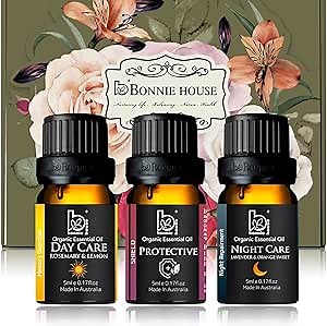 B BONNIE HOUSE Organic Essential Oil Blends (3 Pack Gift Set) - 100% Pure Aromatherapy Oil for Diffusers - Day Care, Protective, Night Care with Lemon, Rosemary, Lavender, Orange, Tea Tree, Eucalyptus