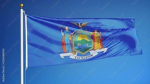 New york (U.S. state) flag waving in slow motion against blue sky, seamlessly looped, close up, isolated on alpha channel with black and white matte, perfect for film, news, composition