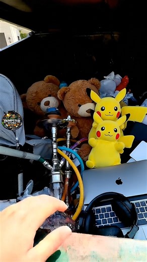 Two strollers. Three large teddy bears. Three Pikachu dolls. Two hookahs. One laptop app