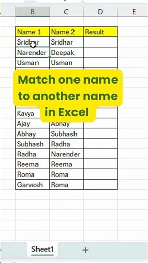 How to match one name to another name in excel #excel #exceltips