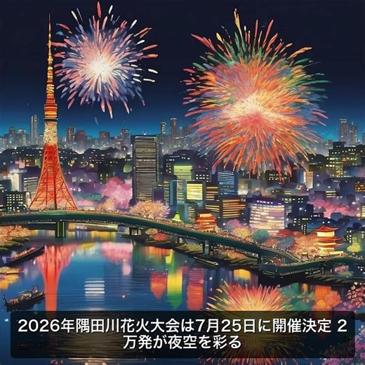 2026年隅田川花火大会は7月25日に開催決定 2万発が夜空を彩る