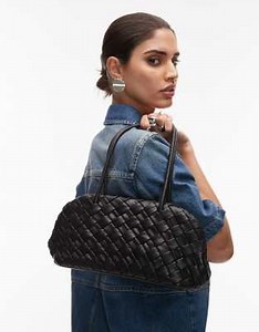 Mango woven leather east to west shoulder bag in black | ASOS
