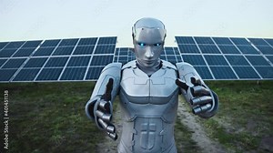 Robotic artificial intelligence cyborg prototype interacting neural network interface touch screen animation while working on solar panel field. Sustainable energy, ecology, for animation concept