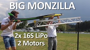 Maiden flight of the unique "BIG MONZILLA" built and flown by Walter Flögel Wingspan: 1.8m / 70.9" Length: 2m / 78.8" Weight: 10.7 kg / 24 pounds Electric motor: 2xHK4550 300kv on three-blade AG24 L/R 2x controller yge320hv on 16s SLS 5100 speed 2x SM data logger The model is designed for speeds in excess of 300 mph. The speed on the first flight was almost 250mph (still flown throttled). The wing, elevator and rudder are from the HJK Big Monster and have been reinforced with double CFRP The fus