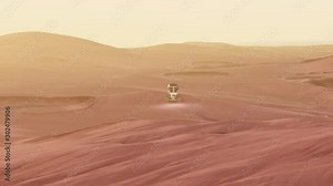 Rover drives toward camera on rugged Mars surface, animated simulation