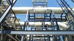 Gas production station. Metal construction with valves on the pipes. Distribution and equipment for gas production.