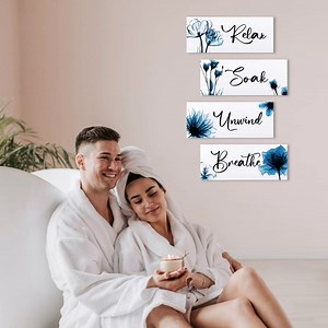 4 Pcs Elegant Tulip Relax Soak Unwind Breathe Wall Art Farmhouse Rustic Wood Plaque Vintage Wooden Printed Sign Hanging Bathroom Spa Decor, Funny and heartwarming gifts（blue）