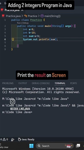 #java #shorts #coding Java simple program for adding 2 Integers.👍🙏