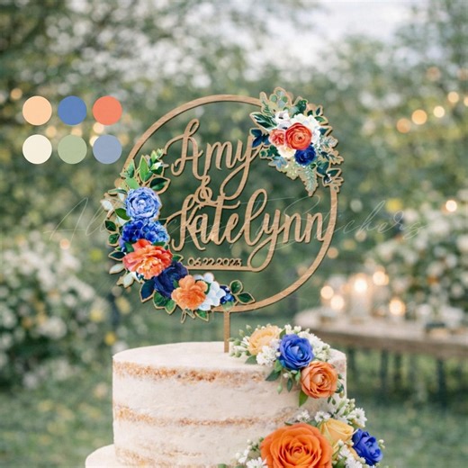 Blue and Orange Floral Wedding Cake Topper, Minimalist Floral Cake Topper, Colorful Wreath Cake Topper, Engagement Party Decor - Etsy
