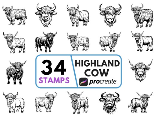 Highland Cow Procreate Stamp, Rustic Farm Animal Digital Illustration for iPad Wall Art Decor