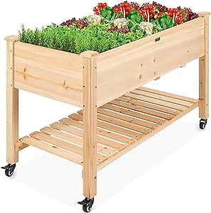 Best Choice Products Raised Garden Bed 48x24x32-inch Mobile Elevated Wood Planter w/Lockable Wheels, Storage Shelf, Protective Liner - Natural