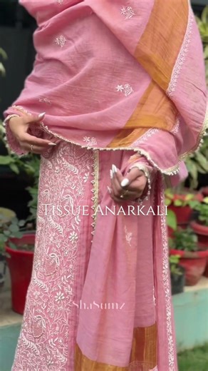Dusty Rose Tissue Chanderi Chikankari Anarkali.A dusty rose pink Anarkali.