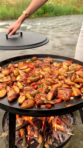 River Camping | Potatoes & Meat Cooked in Foil Over Fire #campping #cooking #asmr