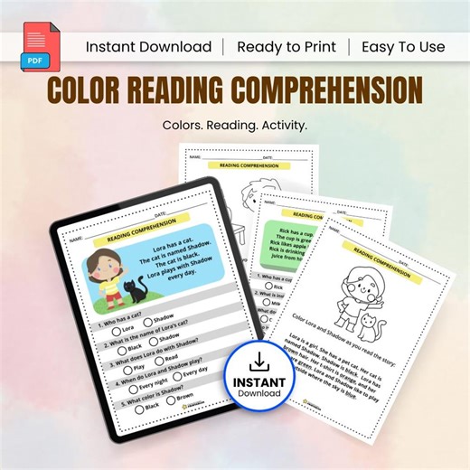 Color Reading Comprehension Printable, Kids Color Story Worksheets PDF, Preschool Literacy Pack - Etsy