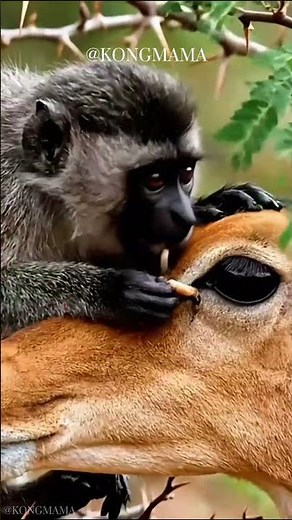 Gentle groomers of the savanna vervet monkey carefully cleans an impala’s face #mutualism