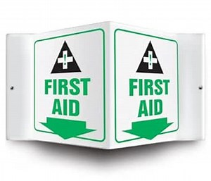 Accuform PSP605 Projection Sign 3D, "First AID (Arrow Down)" with Graphic, 6" x 5" Panel, 0.10" Thick High-Impact Plastic, Pre-Drilled Mounting Holes, Green/Black on White