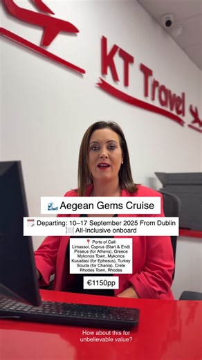 🌊 Aegean Gems Cruise 🌊 🚢 Sail aboard the Marella Discovery 2 🗓️ 10–17 September 2025 ✨ Discover the beauty of the Eastern Mediterranean with this incredible All-Inclusive cruise package! 📍 Ports of Call: Limassol, Cyprus (Start & End) Piraeus (for Athens), Greece Mykonos Town, Mykonos Kusadasi (for Ephesus), Turkey Souda (for Chania), Crete Rhodes Town, Rhodes 🛫 Flights Included 10 Sept: Dublin ➝ Larnaca (07:00–14:05) 17 Sept: Larnaca ➝ Dublin (15:15–18:45) ✅ Includes: Return flights ✈️ 20