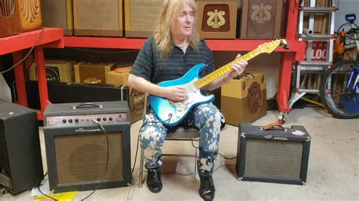 The late Michael Hawkey demonstrating the 1963 Ampeg Echo Jet remote reverb amp with my 1965 Reverberocket II. | Toms-Amps.com