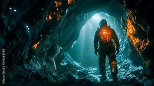 A cave explorer exploring a dark and narrow cave passage. Helmet-mounted light that illuminates the wide-angle lens during underground adventures. Stock Video