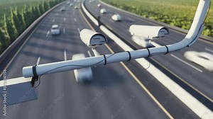 Traffic control camera on highway. Speed control radar camera.
