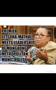 PREMIER LETSOHA-MATHAE MEETS LEADERSHIP OF MANGAUNG METROPOLITAN MUNICIPALITY Premier MaQueen Letsoha-Mathae held an engagement with the leadership of Mangaung Metropolitan Municipality at OR Tambo House on recently , 31 March 2025. This is in light of mounting problems affecting the municipality. Premier Letsoha-Mathae hastened to assure Executive Mayor Gregory Nthatisi and his team that the provincial government will not be interfering in the affairs of the municipality, but rather to offer as