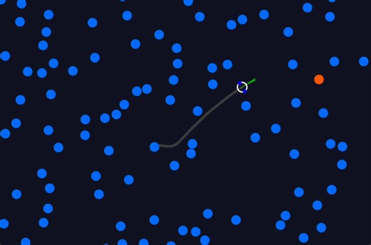 It's amazing what you can do without machine learning. I've spent hours watching my simple implementation of the Dynamic Window Algorithm, basically a model-predictive control method. Runs live in the browser at this link: https://t.co/jxlLSQ1lVv