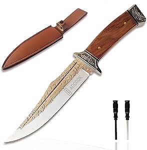 Tactical Hunting Knife with Sheath Fixed Blade Survival Bowie Full Tang Knife with Sharpener & Fire Starter for Camping Outdoor Bushcraft