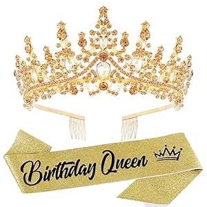Velscrun Gold Crystal Birthday Queen Tiara Crown for Women Girls Birthday Queen Headband Sash Elegant Princess Crown with Combs Hair Accessories Happy Birth Party Decorations Mom Birth Gift