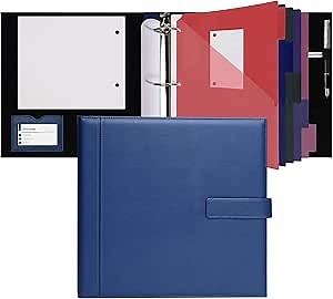 POPRUN PU Leather 2 Inch 3 Ring Binder, Professional Business Organizer- Includes PP Dividers, 100GSM / Grade AA Filler Papers, Card &Sticker for Tab- Ideal for Office Presentation Meetings, Blue