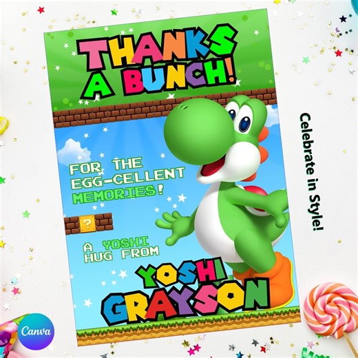 Yoshi Thank You Card • Super Mario Dinosaur Party (canva Template) - Etsy Finland