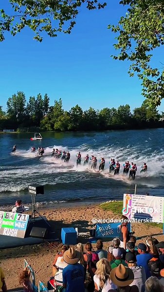To close out day 1 of the National Show Ski tournament in Warsaw, Indiana, the Rock Aqua Jays from Janesville, Wisconsin with a spectacular closing waterski pyramid. #showskiing #waterski23 #skitok #worldwidewaterskiing #tournament #nationals #joinaskiteam #usawaterski #waterskitok #waterskishow