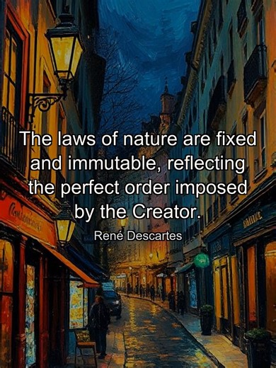 The laws of nature are fixed and immutable, reflecting the perfect order imposed by the Creator. #RenéDescartes #CogitoErgoSum #IThinkThereforeIAm #Descartes #Philosophy #Rationalism #Dualism #MindBodyProblem #Cartesian #Meditations #FatherOfModernPhilosophy #DoubtEverything #MathematicalPhilosophy #DescartesQuotes #WesternPhilosophy #renedescartes #descartes