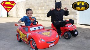 Disney Cars Lightning McQueen Kids Ride On Epic Race With Batman and Superman Ckn ToysCkn Toys as Superman versus Batman in this epic race on Disney Cars Lightning McQueen ride on electric cars to see who have the fastest car.Who do you think will win this race between Batman and Superman. This is the original 6v Lightning McQueen ride on car and the kids electric ride on bike. We've had alot of fun making this video and hope you guys enjoy watching it and please Subscribed if you do. OUR OTHER 