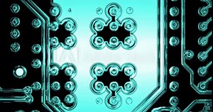 Animation of technical scheme of computer circuit board. Animation of computer circuit board. Details of mainboard with microelectronics components and connections. Cinema 4K 60fps zoom-out video