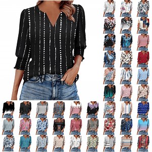 Xdegoge 3/4 Sleeve Tops for Women Plus Size Floral V Neck T Shirt Summer Fashion Tunic Shirts Dressy Casual Loose Fit Blouses