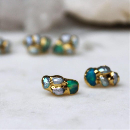 Raw Fire Opal Pearl Stud Earrings: 18k Gold Dipped, Ooak - Etsy
