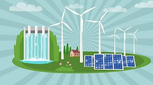 Alternative energy sources animated video depicting wind turbines, hydro-electric station, solar panels