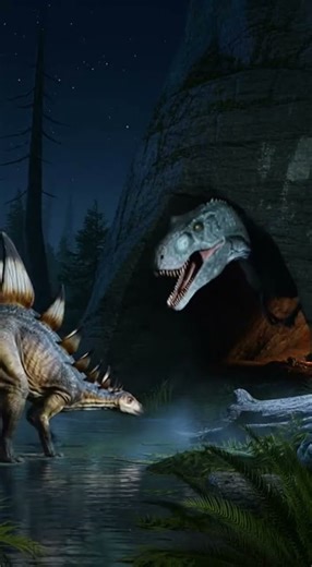 Kentrosaurus vs a Giganotosaurus roaring in a Prehistoric World