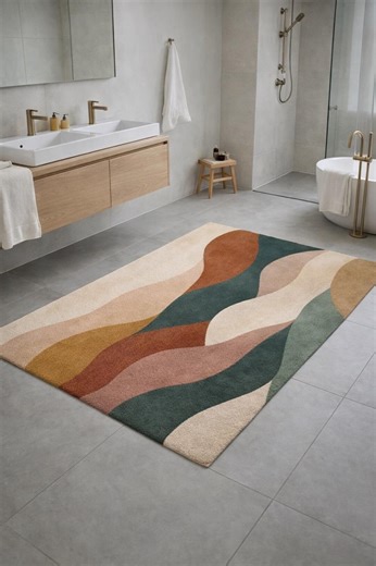 Hand Tufted Bathroom Runner Rug, Modern Abstract Wave Runner, Luxury Vanity Rug, Neutral Color Runner Rug, - Etsy