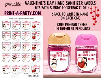 Valentine’s Day Hand Sanitizer Labels - Penguin theme, 20/page, fits PocketBac