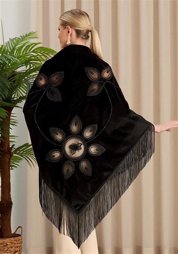 Black Velvet Embroidered Evening Shawl With Fringe, Elegant Wedding Guest Wrap, Luxury Designer Statement Shawl - Etsy