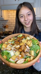 Save Kiera’s recipe for Lemon Parmesan Salad with Air Fryer Chicken! We seasoned 4 chicken thighs with salt, pepper, paprika, garlic powder and Dijon mustard. Sprayed with oil and cooked in the air fryer at 375F degrees for 25 minutes. She did a simple salad with romaine lettuce, olive oil, Parmesan cheese, lemon juice, black pepper and salt. She then topped with crispy garlic croutons. #chickensalad | My Healthy Dish
