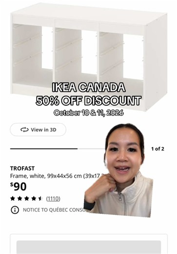 50% off TROFAST frame (99x44x56 cm, white). Regular, $90. IKEA family, $45. 📅 Saturday, October 10 & Sunday, October 11, 2026 🛒 In-store only ⚠️ Limited to 100 pieces per day per store ❗ Limit 2 per customer Not valid at IKEA Toronto Downtown or IKEA London. #ikea #ikeacanada #ikeadeals #greenscreen
