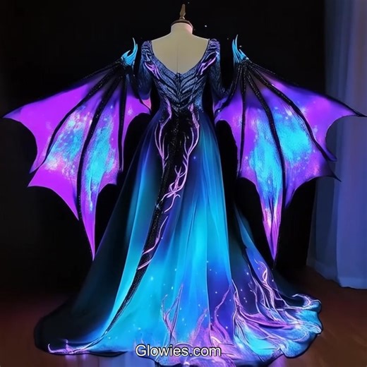 Glowing purple and blue winged dragon dresses are full of magic and wonder! The colors shine like the night sky, with deep purple and bright blue swirling together. The dress sparkles when you move, and it feels like you’re walking through a dream. The soft, shiny fabric glows in the dark, making you look like a powerful dragon ready to fly. The best part is the big wings on the back! They match the dress and light up with tiny glowing lights. When you walk or twirl, the wings shimmer and look l